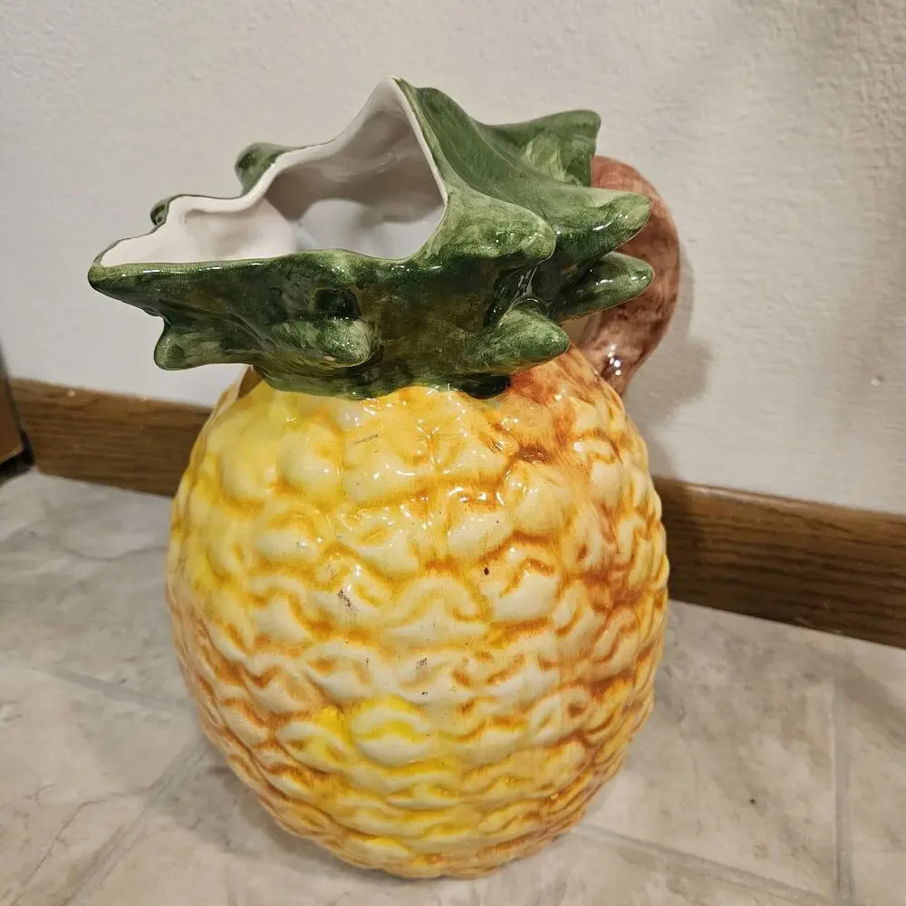 Vintage Majolica Style Ceramic Pineapple Pitcher 8.5” Vase Tropical Decor